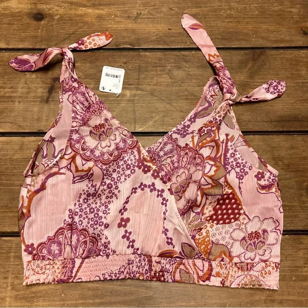 Free People Weekend In Montauk Tank Top Large Smocked Crop Tie Strap NWT Pink